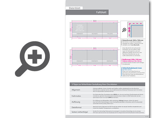 Product Bild faltblatt__gefalzt_auf_quadrat_10_0_cm_x_10_0_cm__6-seiter_(wickelfalz)__beidseitig_bedruckt_(4_4_farbig_+_1_sonderfarbe_hks)